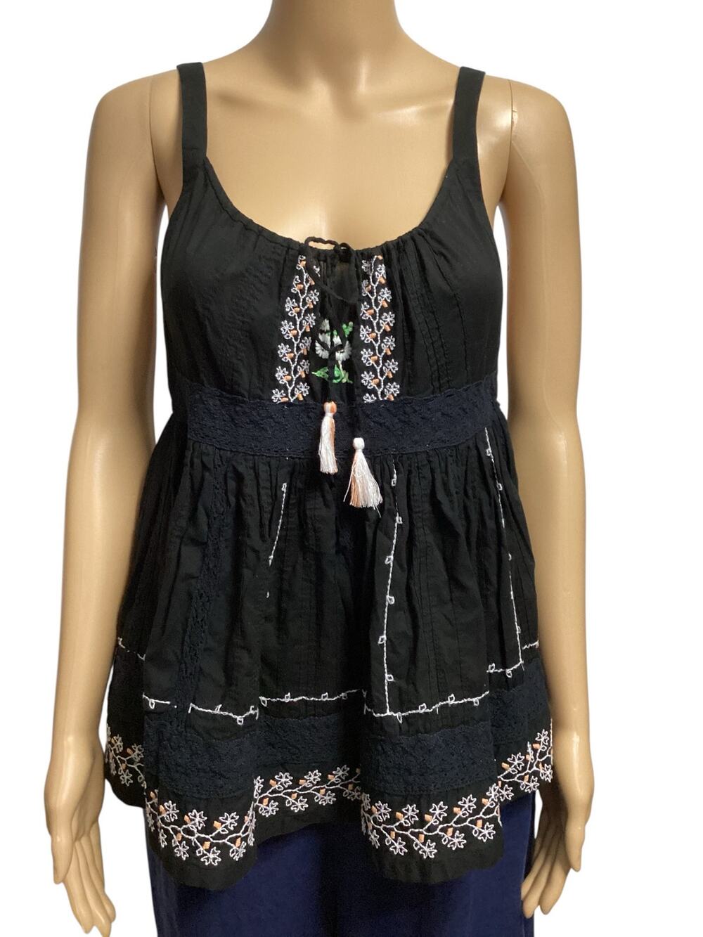 Free People Black Embroidered Babydoll Tank Top Lace Trim‎ Tassel Tie Boho S